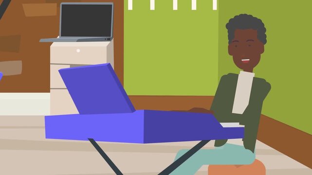Male patient resting on hospital bed animation, medical recovery 
