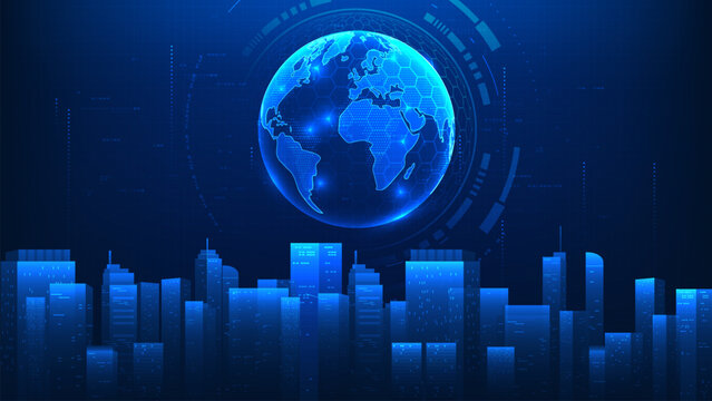 Smart city technology background featuring a global sphere at the center of a modern city with circular, representing urban innovation, digital infrastructure, IoT connectivity, smart city development