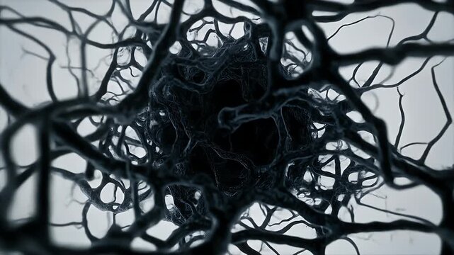 Exploring the Intricate Dark Network of Tendrils in Abstract Contrast, Depth, and Mystery from a Central Viewpoint in a Minimalist Environment