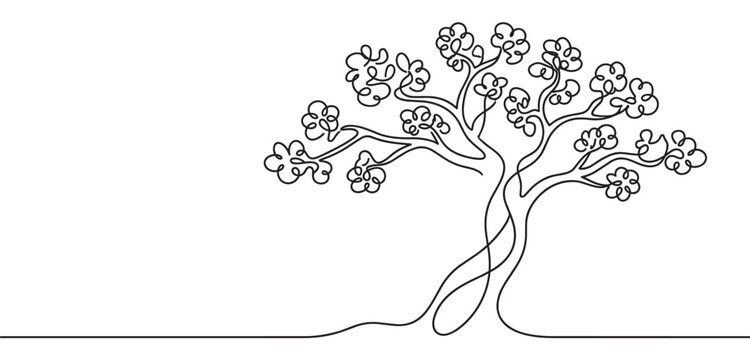 Stylized tree drawn with a single continuous black line, featuring an elegant intertwined trunk and abstract loopy foliage in a minimalist, graphic illustration style