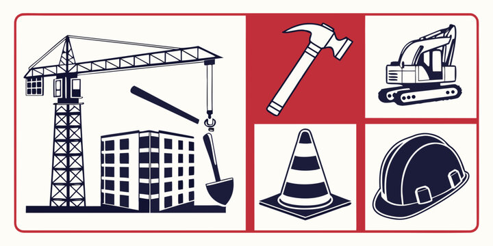 Construction equipment and tools arranged in a grid pattern with a red background Vector
