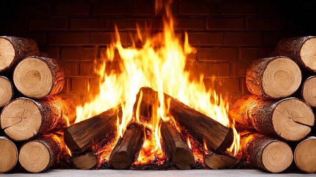 Burning firewood in cozy fireplace with bright orange flame and stacked logs on both sides creating warm and inviting atmosphere full of heat and cozy wood burning ambiance