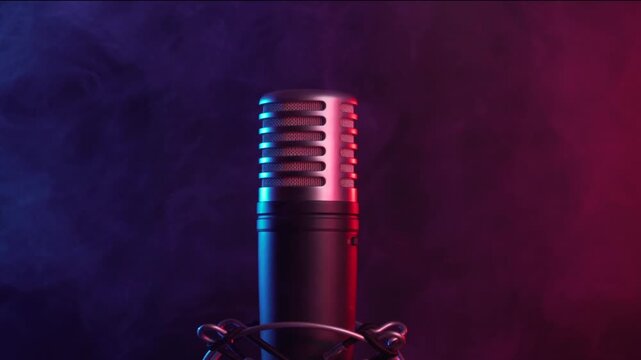 Rotating loop of Professional Studio Microphone in Smoky Neon Light