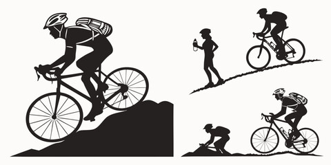 Obraz premium Cyclists demonstrating various riding techniques on a challenging terrain Vector