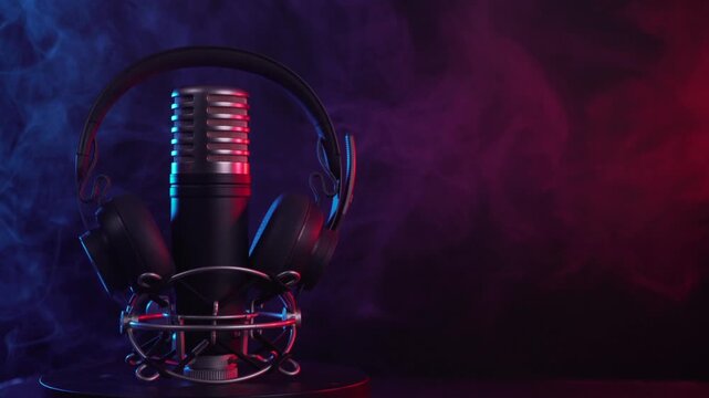 Professional Microphone and Headphones in Neon Lit Smoke