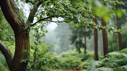 Fototapeta premium Lush woodland tree with green leaves, gentle drizzle, faint mist, peaceful natural forest