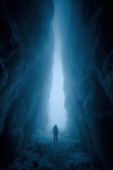 Fototapeta premium Winter season adventure exploration. A person standing in the middle of an ice cave, surrounded by towering ice formations. The person is illuminated by the light at the end of the tunnel.