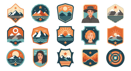 A retro-style badge design featuring a mountain, ocean, and sun. Ideal for branding, outdoor adventure themes, or illustrating concepts like explorati © Amirudin