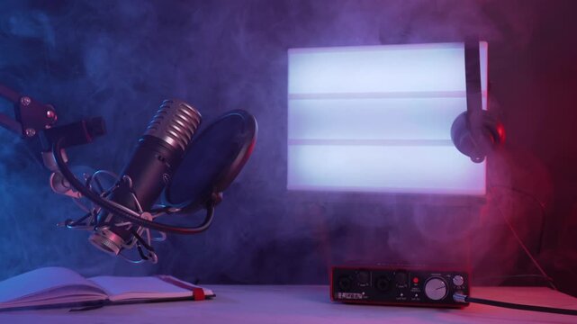 Professional Podcast Recording Setup with Microphone and Headphones in smoky studio