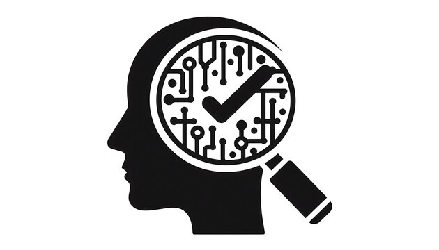 A flat black vector silhouette icon of a magnifying glass inspecting an AI mask with a checkmark on a white background.