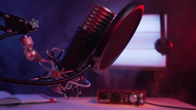Professional Condenser Microphone Setup with Pop Filter in Studio Lighting