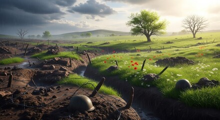 Naklejka premium A serene, green landscape with a dirt path, a tree, and a small pond, with a lone figure in the distance.