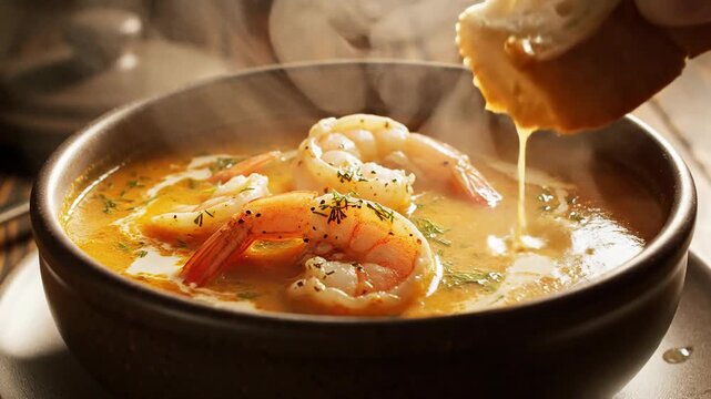 Steaming bowl of rich shrimp bisque soup with crusty bread dipping, close-up, comforting meal