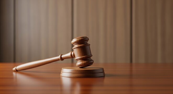 A wooden judge's gavel resting on a wooden desk in a courtroom.