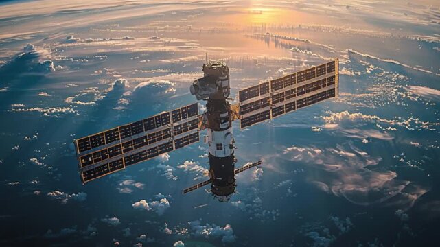 An orbiting satellite views Earth's captivating sunset, featuring luminous clouds against a radiant horizon, demonstrating the unique vantage point of astronomy from space
