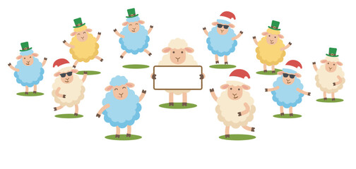 Fototapeta premium Collection of cute cartoon sheep celebrating Christmas and St. Patrick's Day, wearing festive hats, dancing, and holding a blank sign for a message in a cheerful illustration