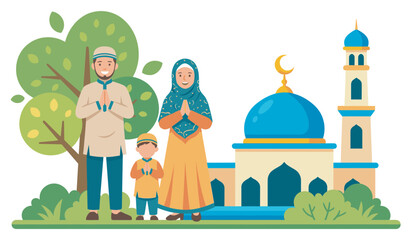 Naklejka premium Happy Muslim family with one child in traditional clothing greeting with a welcoming gesture while standing together outdoors in front of a beautiful mosque with a blue dome