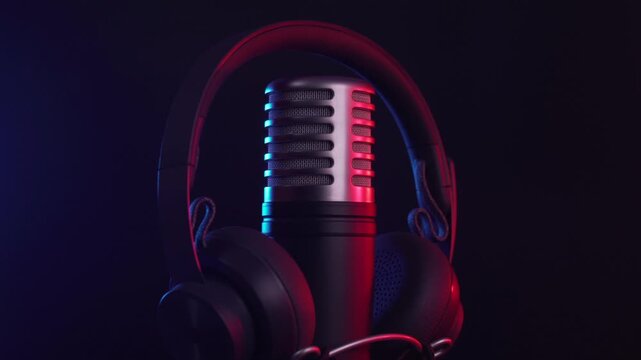 Studio Microphone and Headphones rotating in loop with Neon Lighting