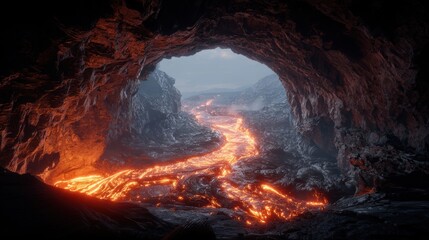 A breathtaking digital artwork of a lava cave, with molten lava flowing through it, illuminated by a bright orange glow emanating from the caves entrance.