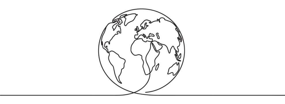 Minimalist black one line drawing of the world globe with a simple and elegant continuous stroke creating a modern and connected global symbol