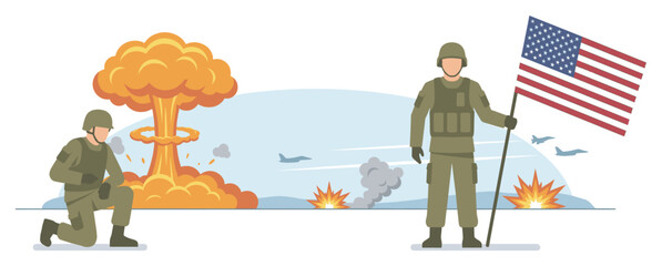 Obraz premium Military soldiers in combat uniforms on a battlefield, one holding a national flag amidst explosions, a mushroom cloud, and flying jets in a flat vector illustration style