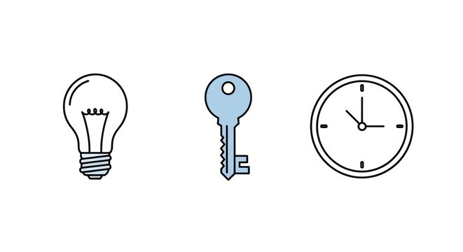 Lightbulb, Key, and Clock Icons: Idea, Security, Time Concept