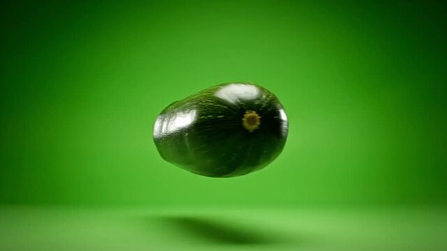 Fresh zucchini suspended in mid-air against a vibrant green backdrop