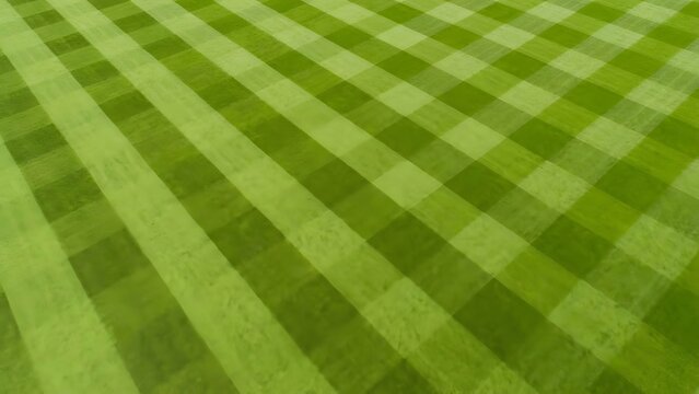 A close up aerial view of a vibrant green lawn with distinct diagonal stripes showcasing meticulous mowing