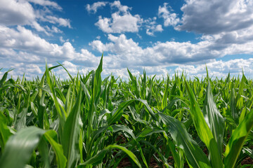 Fototapeta premium Field of Young Corn on Sunny Day with Clear Sky, Agricultural Growth and Natural Farming Landscape Concept