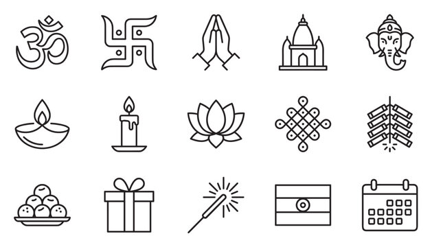 Set of fifteen black line icons representing the Diwali festival and Indian culture, including Ganesha, a diya lamp, rangoli, and a temple in a clean, minimalist vector style