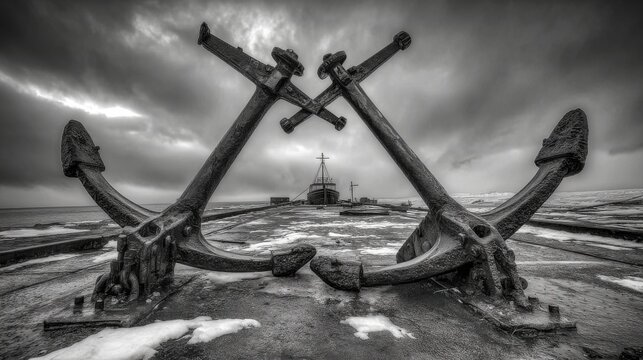 Two weathered, encrusted ship anchors crossed in the foreground with a sunken vessel in the background under a dramatic sky.