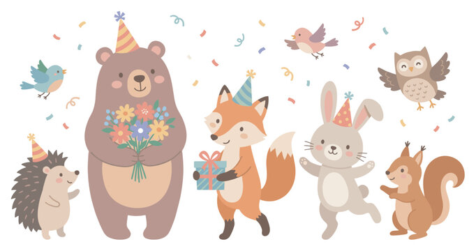 Cute woodland forest animals celebrating a birthday party with a bear holding flowers, a fox with a gift, and a rabbit dancing under confetti in a charming flat illustration style