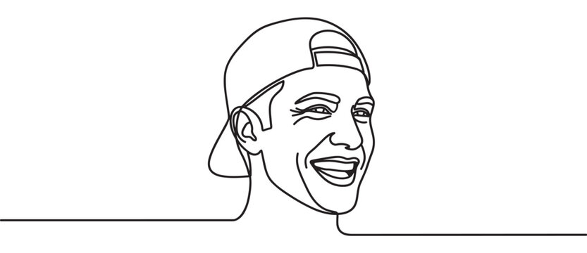 Continuous one line drawing of a smiling young man wearing a backwards baseball cap in a minimalist graphic style, illustrating a happy and cheerful facial expression