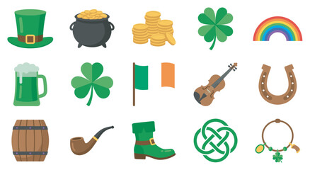 Naklejka premium Collection of colorful St. Patrick's Day flat icons including a leprechaun hat, pot of gold, shamrock, lucky horseshoe, rainbow, and green beer for festive holiday celebration