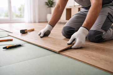 Close up of worker installing laminate wood flooring over green underlay. DIY home renovation concept with tools and precision placement in modern interior.