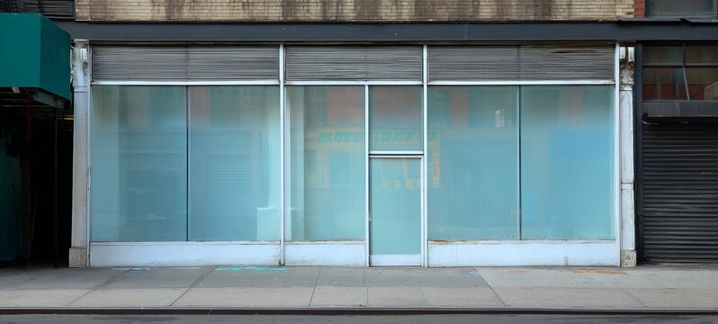 A storefront with large tinted windows and a central door is framed by a sidewalk and buildings, under a cloudy sky