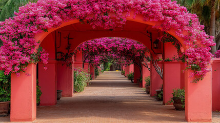 Naklejka premium Vibrant red architectural walkway lined with arches overflowing with bright pink bougainvillea flowers, leading to distant building with lush greenery and palm trees visible in background, creating be