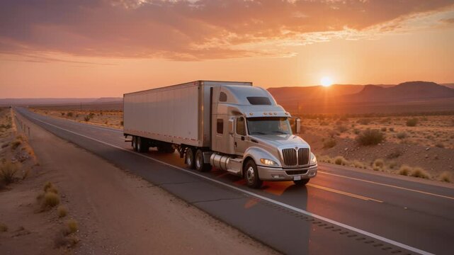 As the sun sets over the arid landscape, an international truck driver steers a sturdy vehicle along the desert highway, exemplifying global transportation in action
