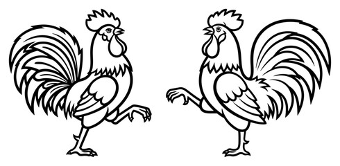 Two stylized line art roosters with elegant flowing tail feathers for farm themes © Katarzyna