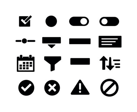 Solid vector icons of form and input controls: checkbox, radiobutton, toggle, switch, slider, dropdown, textfield, textarea,