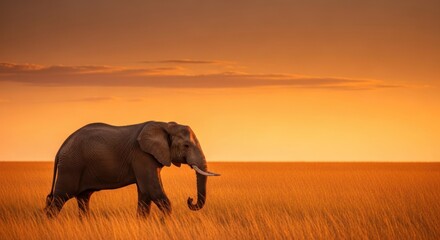 Fototapeta premium A majestic elephant walking through a golden grassland under a clear sky at sunset.