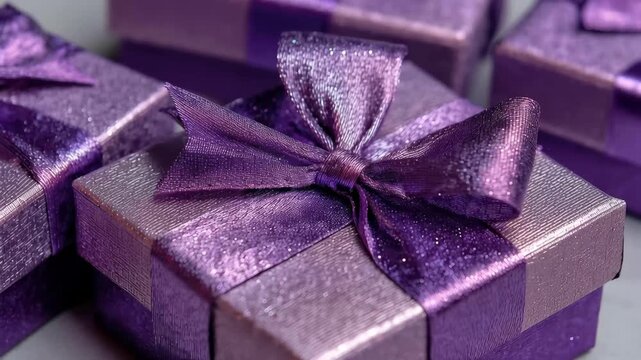 Gift boxes are wrapped in purple with bows placed on a flat surface showing the details and colors of the wrapping materials during daylight