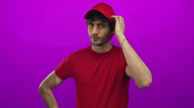 Man in red shirt adjusts red cap with one hand and places the other on hip in studio with magenta background; determination.