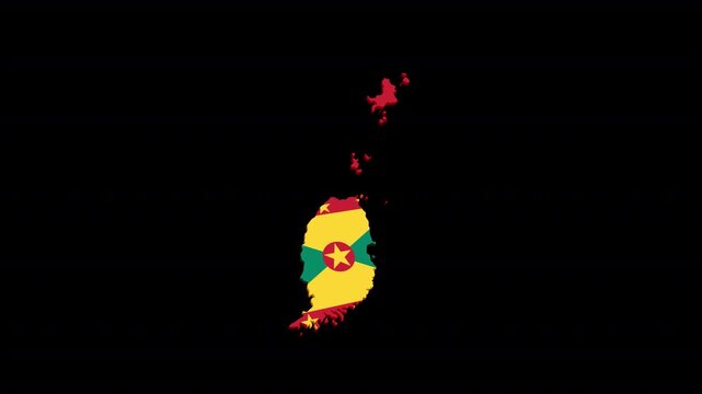 Grenada Geographic Map Animation Filled with National Flag, Alpha Channel Included