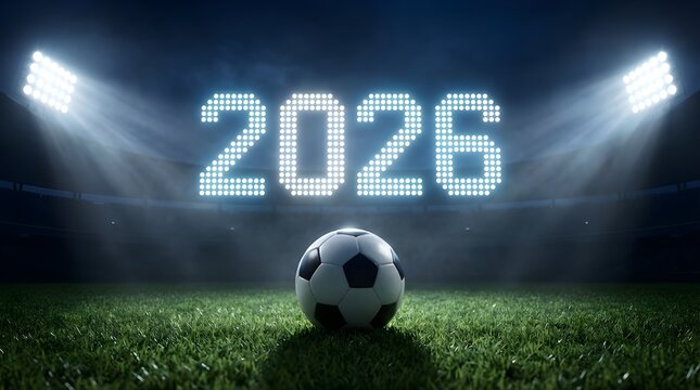 2026 global football championship, Countdown to the 2026 Soccer World Cup with illuminated numbers and a classic soccer ball in a stadium at night