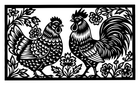 Detailed Slavic papercut style illustration with a hen and rooster among flowers