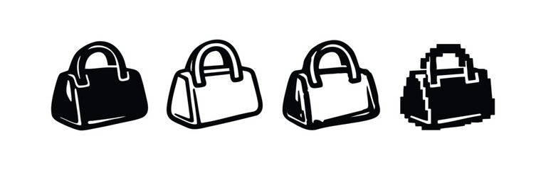 Stylish women's bag icon set featuring different design aesthetics: solid fill, clean outline, artistic sketch, and retro pixelated