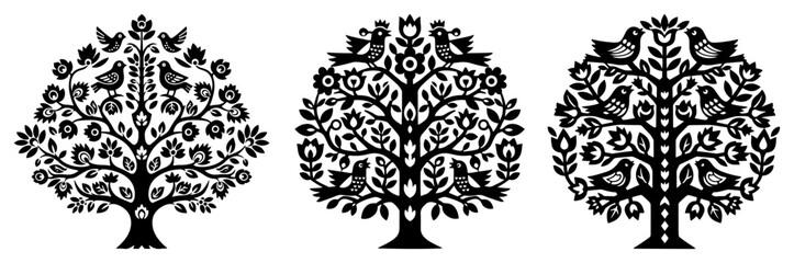 Obraz premium Three intricate Slavic tree of life designs with birds and floral ornaments in folk style