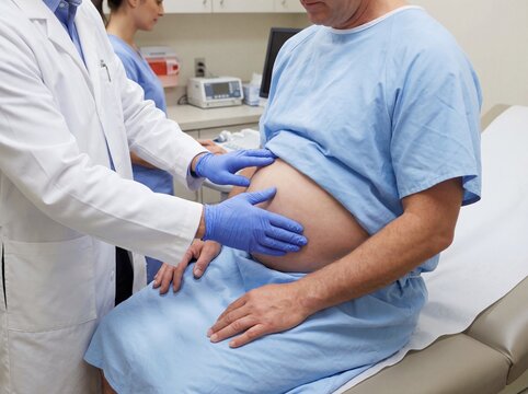 Cirrhosis (Ascites): Professional photography, patient with a distended, swollen abdomen, medical gown, doctor's hands palpating the area, clinical lighting.