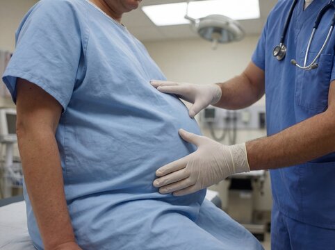 Cirrhosis (Ascites): Professional photography, patient with a distended, swollen abdomen, medical gown, doctor's hands palpating the area, clinical lighting.